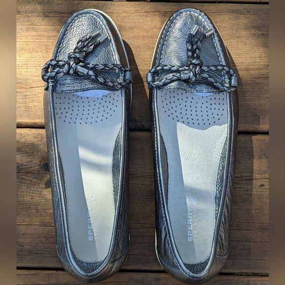 Sperry Topsiders Leather Silver EUC (like new!) Size 8 Boat Shoes - Picture 7 of 7